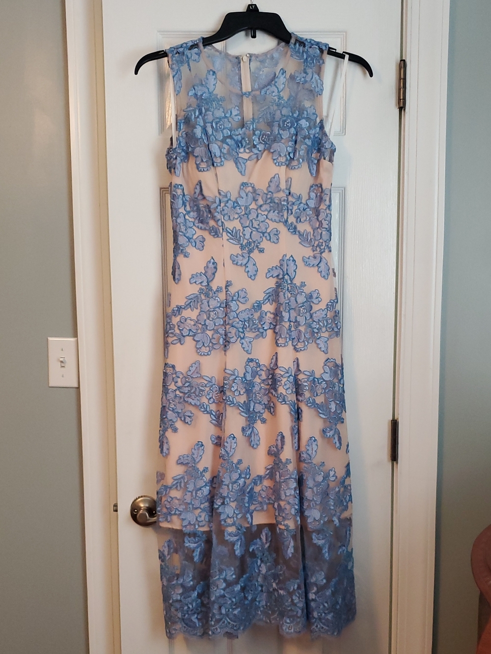 BHLDN Pale Pink Midi Dress with Blue Floral Lace Overlay